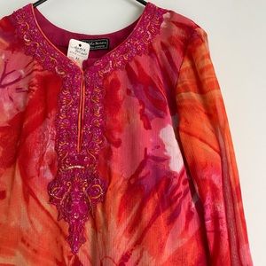 3 Piece Shalwar Suit: Pink Orange & Red